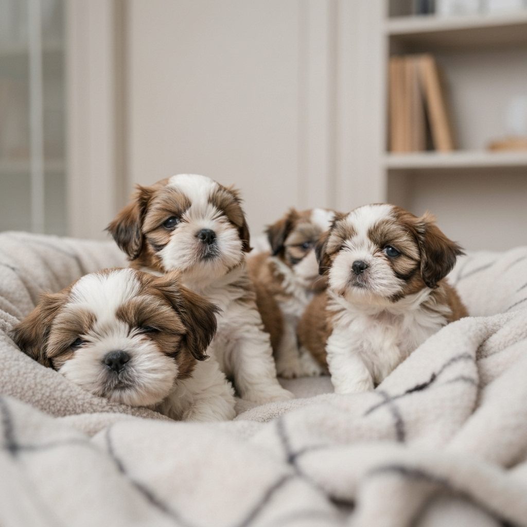 Cuatro cachorros Shih Tzu marrones y blancos descansando en una cama para perros acolchada.