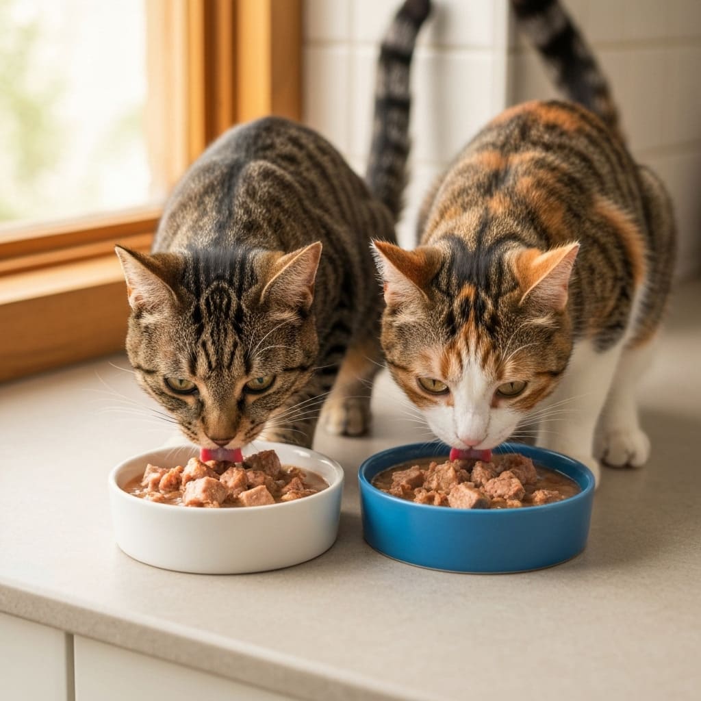 Dos gatos comiendo comida humeda
