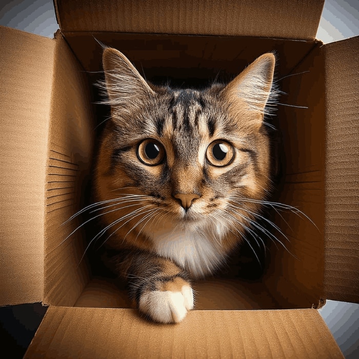 Gato atigrado de ojos grandes asomándose desde el interior de una caja de cartón marrón, con una pata blanca en el borde.