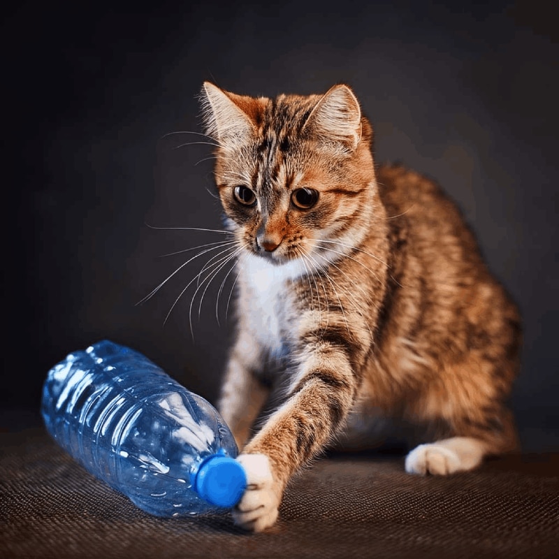 Gato atigrado joven sujetando con sus patas delanteras una botella de plástico azul vacía sobre una alfombra oscura, mostrando curiosidad.