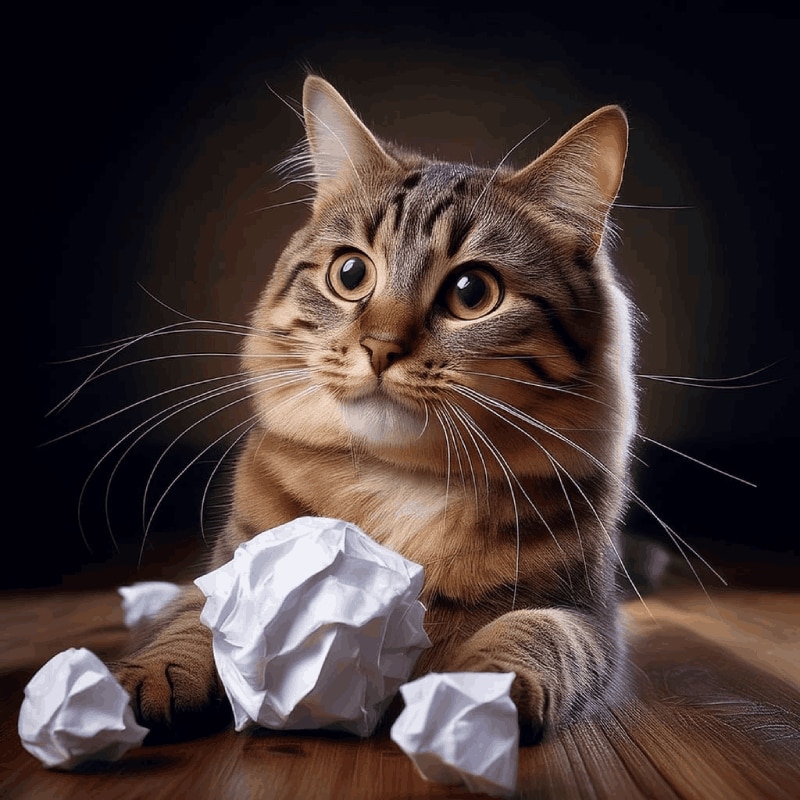Gato atigrado de pelo semilargo recostado sobre una superficie de madera, rodeado de varias bolas de papel blanco arrugado con una expresión atenta.