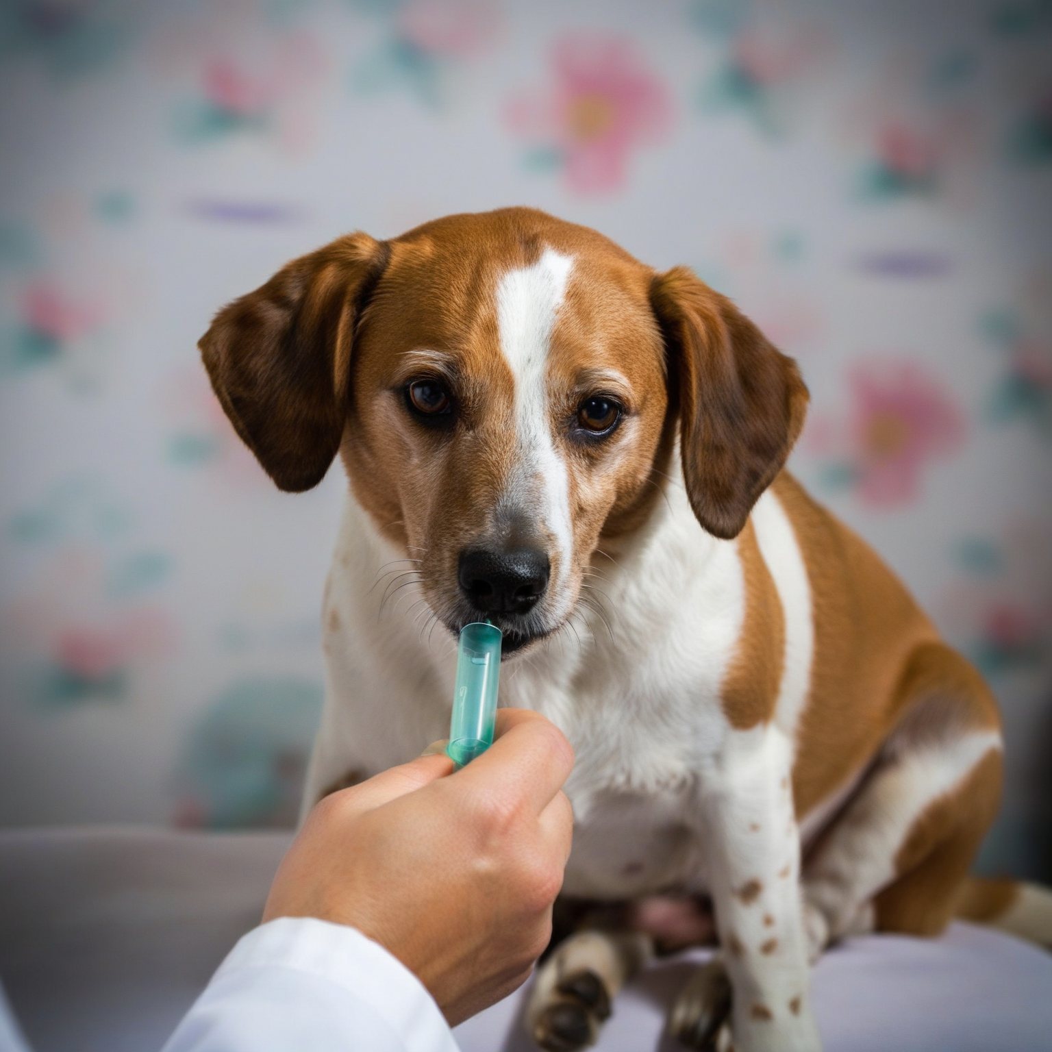 Perro de pelaje marrón y blanco oliendo medicamento líquido en una pipeta sujetada por personal de salud.