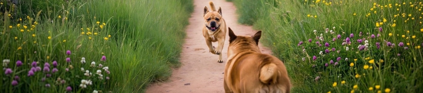 Tres perros de color canela corriendo por un sendero de tierra rodeado de hierba alta; uno destaca en primer plano de frente con expresión alegre, mientras otro lo espera de espaldas.