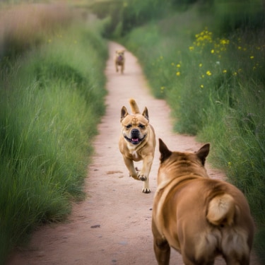 Tres perros de color canela corriendo por un sendero de tierra rodeado de hierba alta; uno destaca en primer plano de frente con expresión alegre, mientras otro lo espera de espaldas.