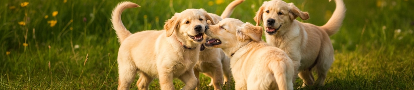 Grupo de cuatro cachorros de raza Golden Retriever interactuando y jugando en un campo de pasto verde con flores silvestres.