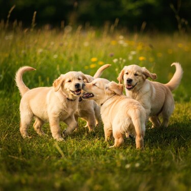 Grupo de cuatro cachorros de raza Golden Retriever interactuando y jugando en un campo de pasto verde con flores silvestres.