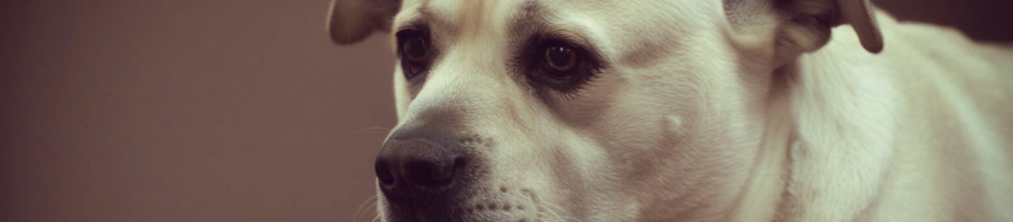 Perro amarillo con expresión triste acostado en un mueble