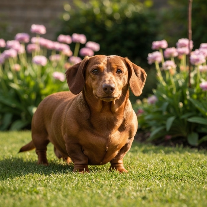 Un perro salchicha de color marrón rojizo parado en un jardín soleado frente a flores rosadas
