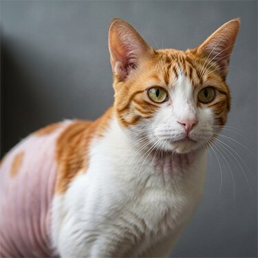 Gato naranja y blanco con evidente pérdida de pelo en el lomo.