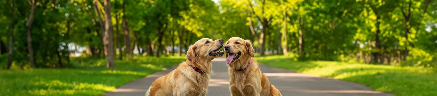 Tres perros de color canela corriendo por un sendero de tierra rodeado de hierba alta; uno destaca en primer plano de frente con expresión alegre, mientras otro lo espera de espaldas.