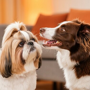 Un perro Shih Tzu y un Border Collie marrón y blanco mirándose fijamente en una sala de estar.