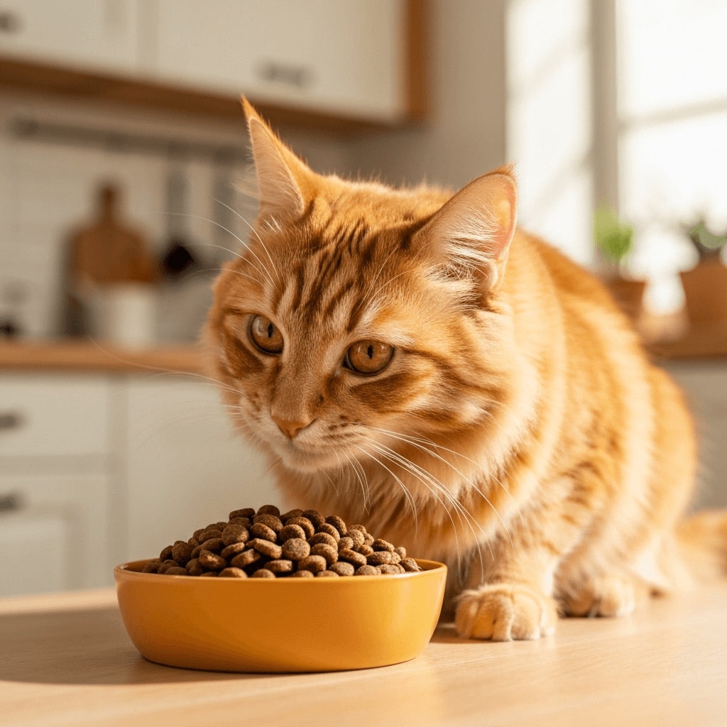 Un gato naranja atigrado de pelo largo se acerca para comer croquetas Hills de un plato amarillo sobre una mesa de madera, en una cocina luminosa.