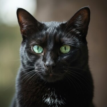 Retrato de un gato negro con ojos verdes brillantes mirando directamente a la cámara sobre un fondo oscuro y desenfocado.