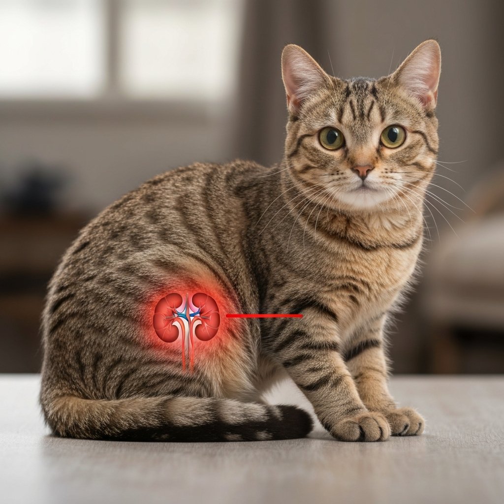 Un gato atigrado sentado de perfil con una ilustración médica superpuesta que resalta sus riñones en color rojo, sobre una superficie de madera.