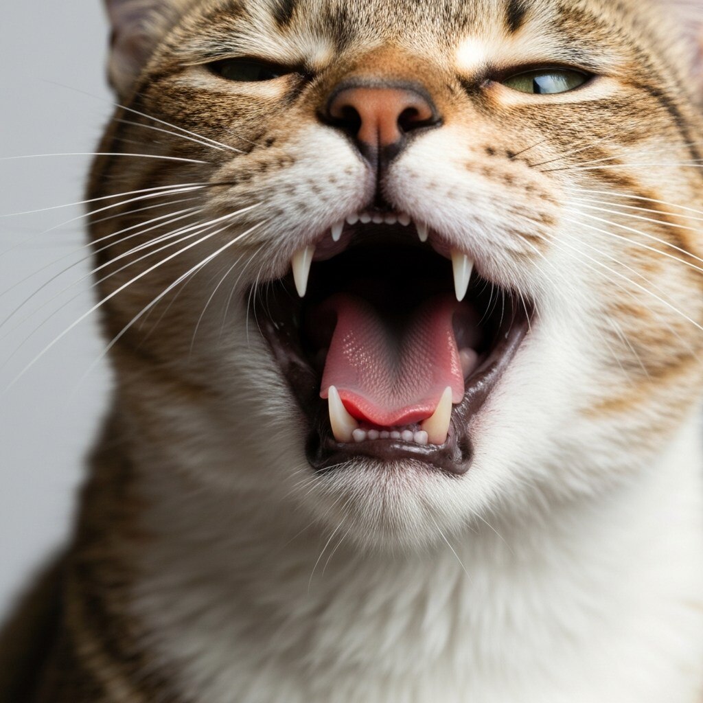 Primer plano detallado de la cavidad bucal de un gato atigrado con la boca abierta, permitiendo observar la lengua, encías y piezas dentales sobre un fondo neutro.
