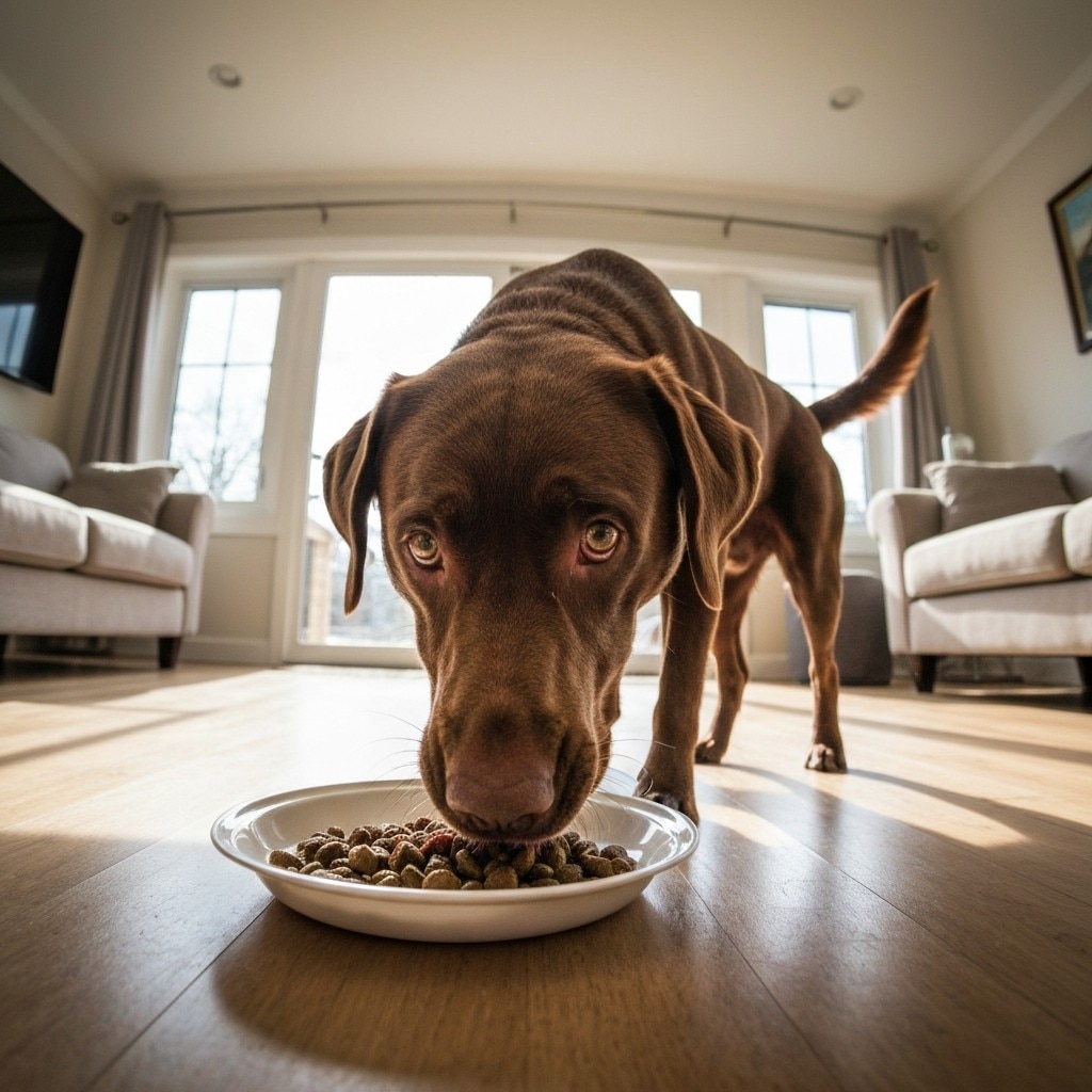Un perro Labrador de color chocolate agacha la cabeza para comer croquetas de un plato blanco en el piso de madera de una sala iluminada.