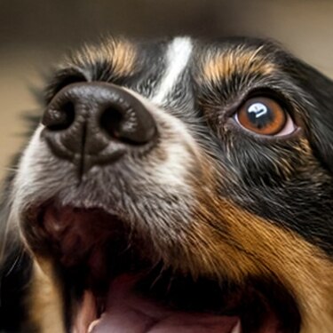 Primer plano detallado del ojo marrón brillante y el hocico negro de un perro de pelo largo, enfocado en su mirada atenta
