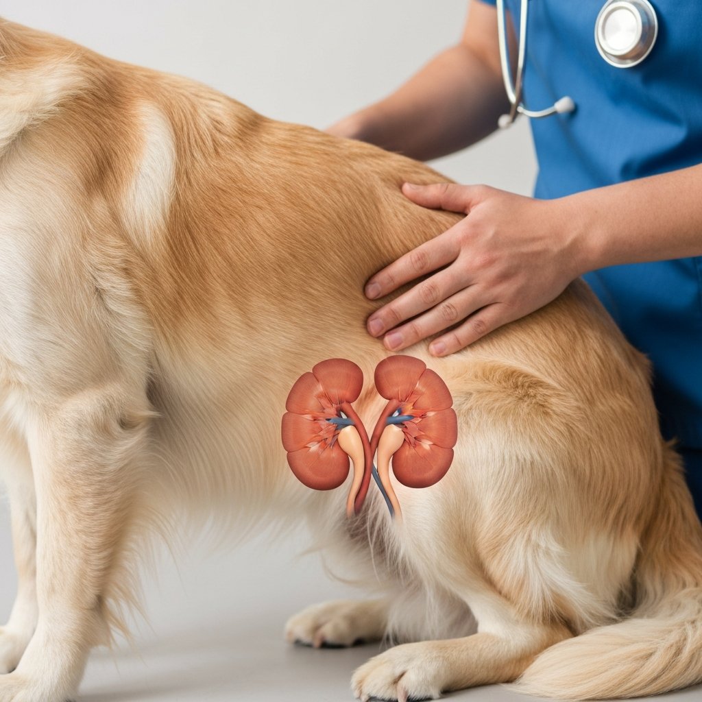 Una ilustración médica superpuesta muestra los riñones de un perro mientras un veterinario con uniforme azul palpa la zona lumbar del animal durante una consulta