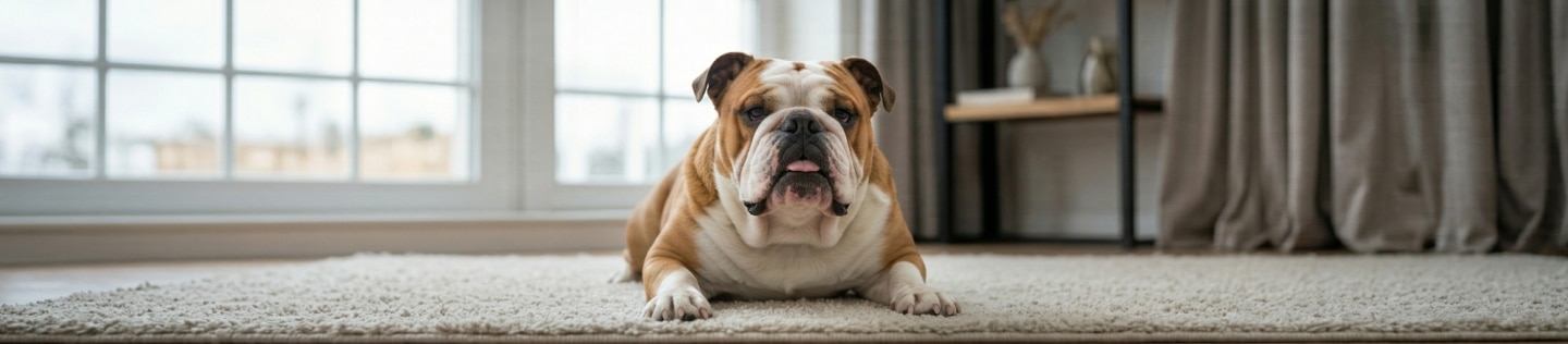 Un perro Bulldog inglés de pelaje blanco y marrón echado sobre una alfombra clara dentro de una casa, con la lengua apenas asomada y mirando hacia la cámara.