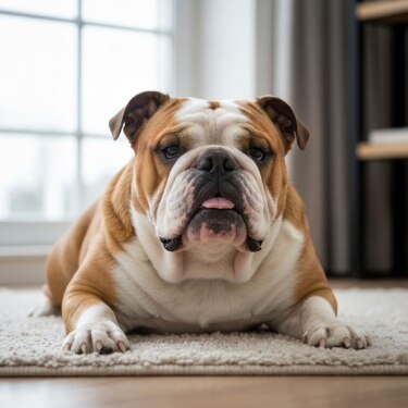 Un perro Bulldog inglés de pelaje blanco y marrón echado sobre una alfombra clara dentro de una casa, con la lengua apenas asomada y mirando hacia la cámara.