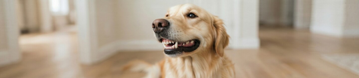 Perro Golden Retriever echado en el piso de madera de una casa, mostrando los dientes en una expresión que asemeja una sonrisa mientras mira hacia un lado.