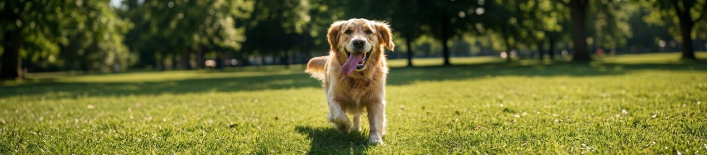 Un perro Golden Retriever corre alegremente hacia la cámara con la lengua afuera sobre un campo de pasto verde en un parque iluminado por el sol.