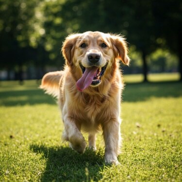 Un perro Golden Retriever corre alegremente hacia la cámara con la lengua afuera sobre un campo de pasto verde en un parque iluminado por el sol.
