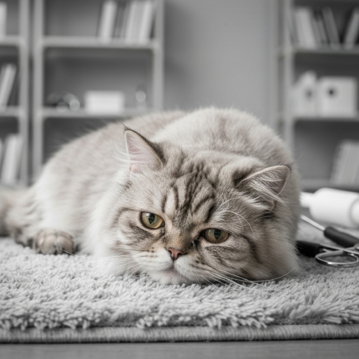 Gato persa gris de pelo largo descansando sobre una alfombra mullida en una habitación luminosa.