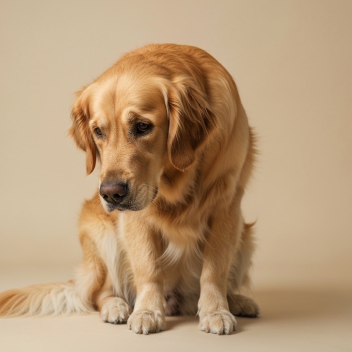 Un Golden Retriever con expresión triste y la mirada baja, sentado