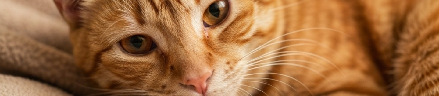 Gato atigrado naranja descansando relajado sobre una manta beige