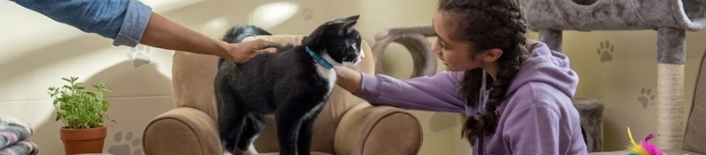 Niña acariciando a un gato blanco y negro sobre un pequeño sillón marrón