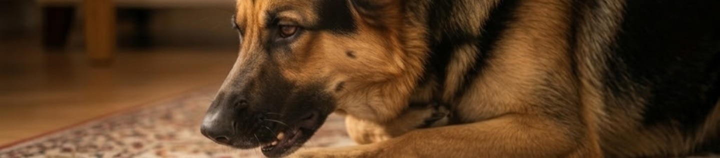 Primer plano de un perro pastor alemán descansando sobre una alfombra con motivos clásicos en una sala de estar