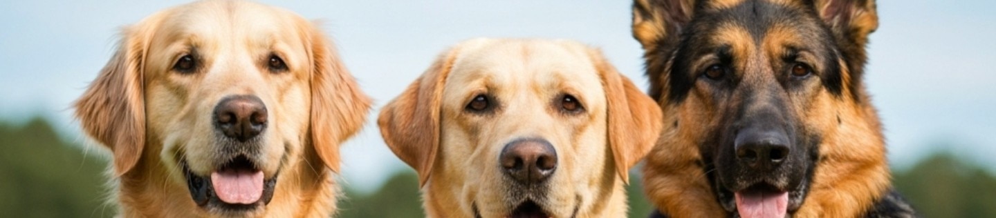 Tres perros (un Golden Retriever, un Labrador y un Pastor Alemán) echados uno junto al otro sobre el césped bajo un cielo azul.