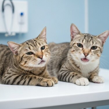 Dos gatos atigrados en una mesa de veterinario