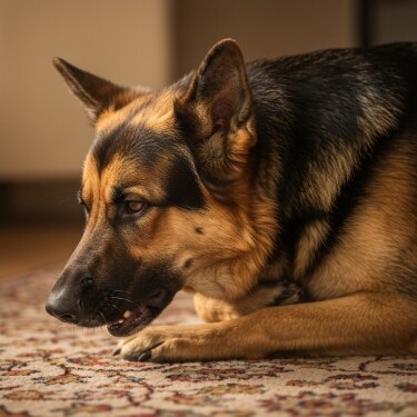 Primer plano de un perro pastor alemán descansando sobre una alfombra con motivos clásicos en una sala de estar