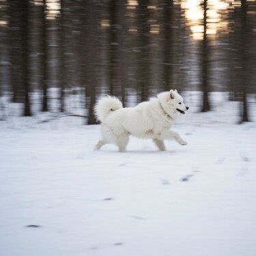 Perro Samoyedo blanco corriendo alegremente por un bosque nevado con efecto de movimiento