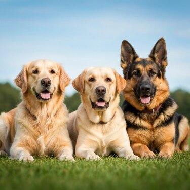 Tres perros (un Golden Retriever, un Labrador y un Pastor Alemán) echados uno junto al otro sobre el césped bajo un cielo azul.