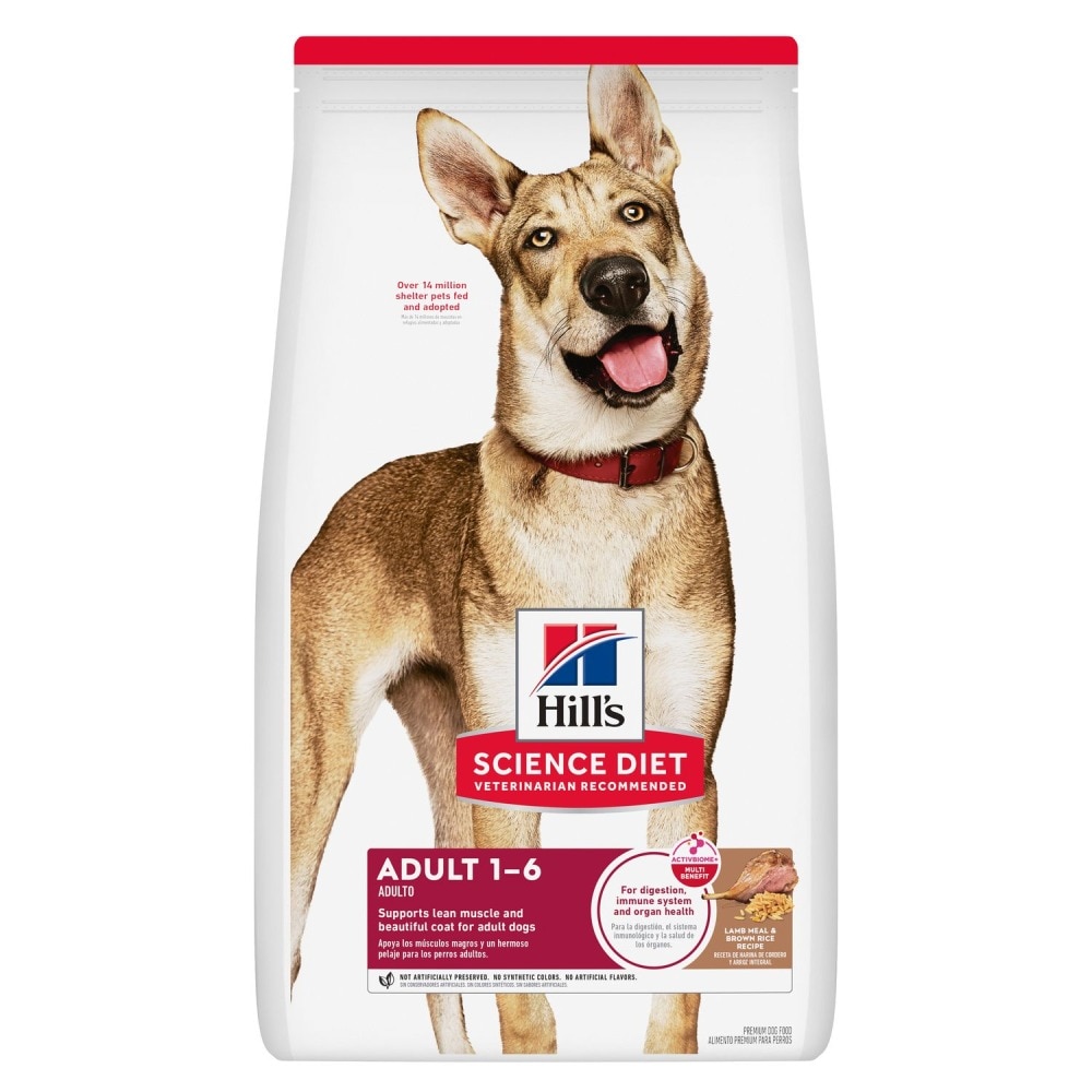 Bolsa de alimento para perros Hill's Science Diet Adulto 1-6 años, receta de harina de cordero y arroz integral, con la imagen de un perro de orejas erguidas y collar rojo.