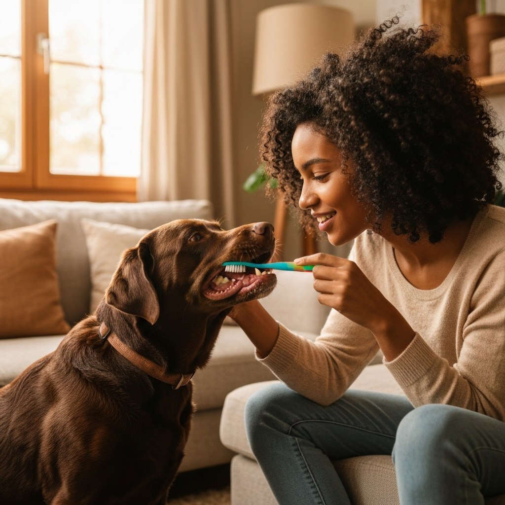 Una mujer sentada en una sala cepilla los dientes de un perro Labrador de color marrón utilizando un cepillo dental especial, en un ambiente doméstico cálido.