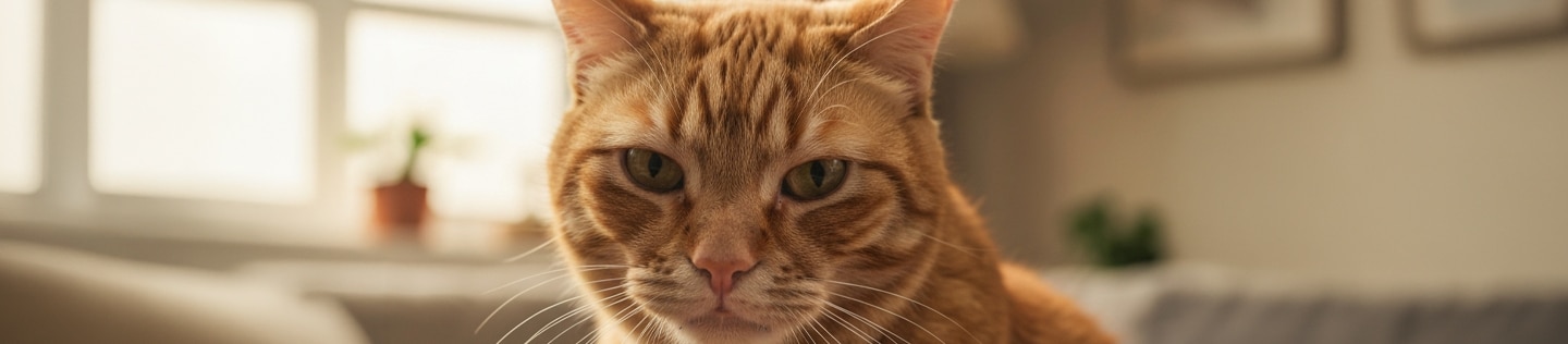 Un gato atigrado naranja sentado de frente sobre un sofá plomo en una sala luminosa, con una ventana y cuadros difuminados de fondo.