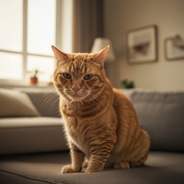 Un gato atigrado naranja sentado de frente sobre un sofá plomo en una sala luminosa, con una ventana y cuadros difuminados de fondo.