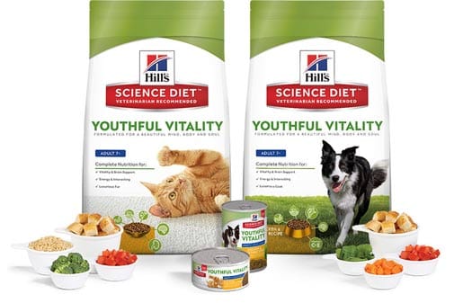 Bags of Hill's Science Diet Youthful Vitality cat & dog food, specially formulated for your senior pet.